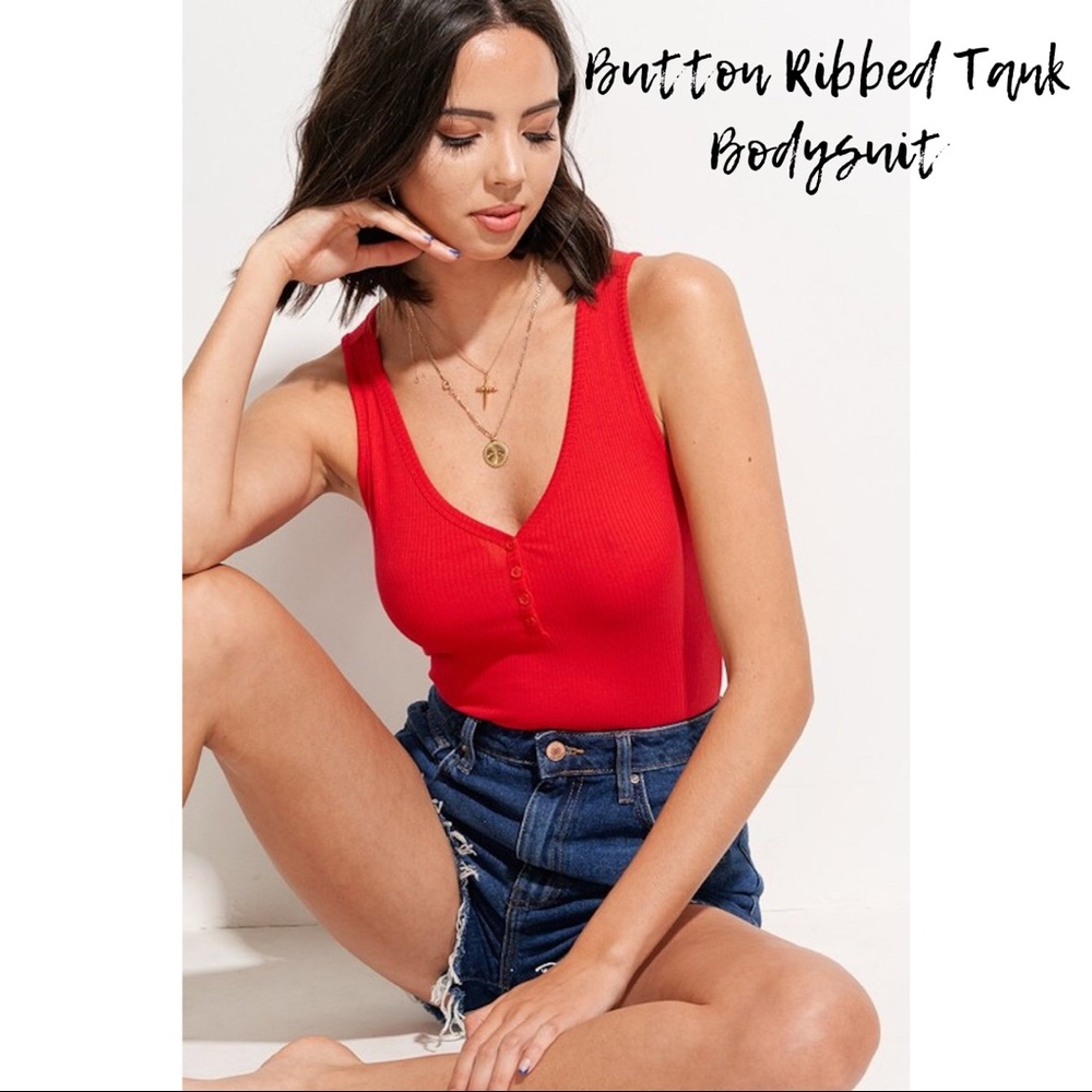 Button Ribbed Tank Bodysuit - Red